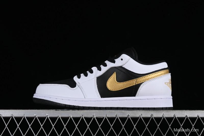 Nike Air Jordan 1 Low AJ1 Basketball Shoes with Black White Gold Swoosh - 553558-172