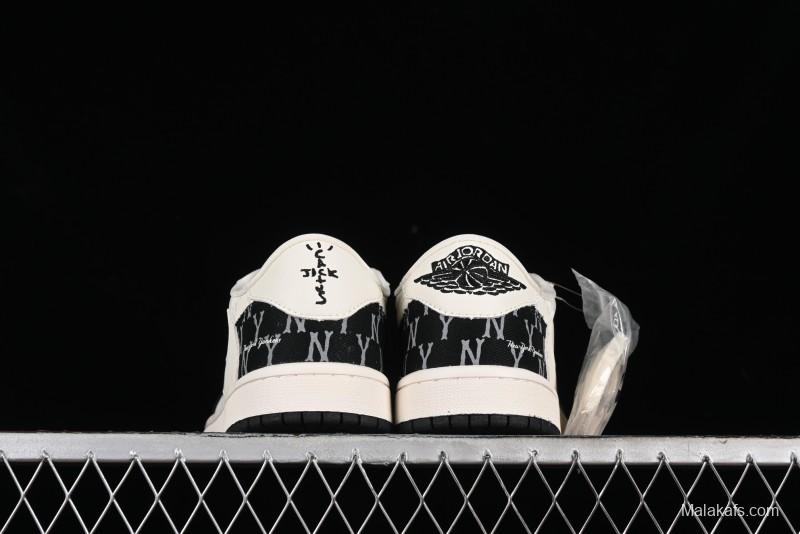 Nike Travis Scott x Fragment Design x Air Jordan 1 Low OG SP AJ1 MLB Collaboration - NY Black Print Low Top Casual Sneakers SJ2068-104