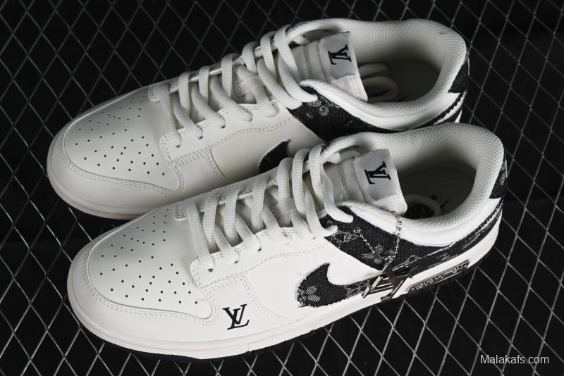 Nike SB Dunk Low LV Collaboration - Black Denim Off-White Black Swoosh Anniversary Custom Low-Top Casual Skate Shoes - DJ2024-009