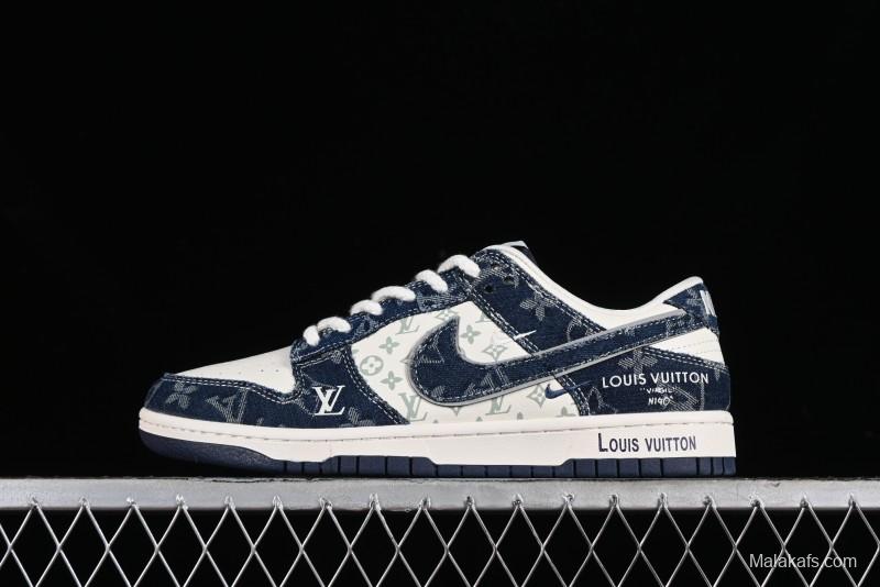 Nike SB Dunk Low LV Collaboration - Blue Denim Print Anniversary High-End Custom Low-Top Casual Skate Shoes - SJ2068-257
