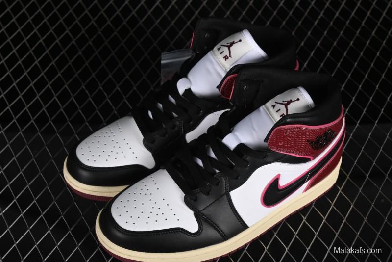 Nike Air Jordan 1 Mid AJ1 Snake Print Black Red Toe Mid-Top Basketball Shoes - FQ7818-101