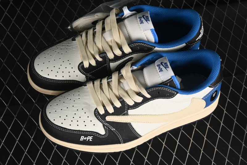 Nike Travis Scott x Fragment Design x Air Jordan 1 Low OG SP AJ1 Bape Collaboration - Crocodile Leather Black White Blue Low Top Casual Sneakers - XZ2828-001