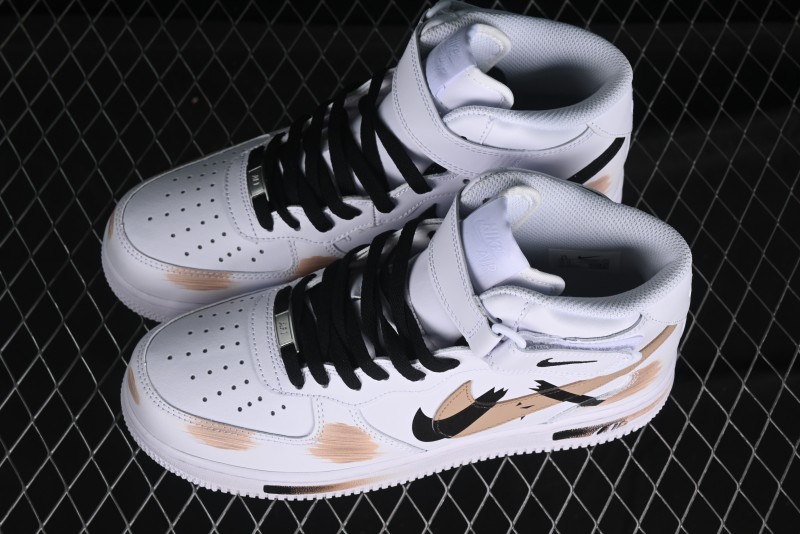 Nike Air Force 1 '07 Mid Hand-Painted White Black Brown with Swoosh Shadow Strap Mid-Top Casual Sneakers - CW2289-111