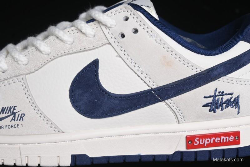 Nike SB Dunk Low Supreme x Stussy Triple Collaboration - Off White Navy Swoosh Anniversary High-End Custom Low-Top Casual Skate Shoes - SJ2068-271