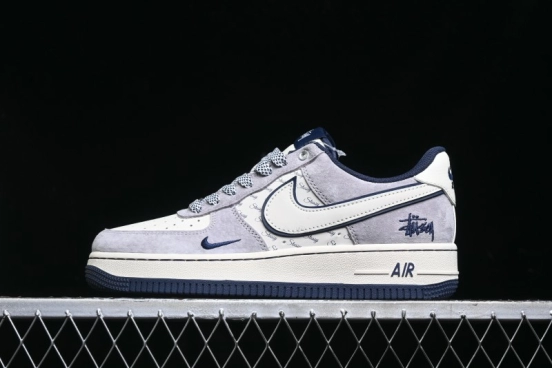 Nike Air Force 1 '07 Low Stussy Collaboration - Grey White with Blue Outsole Low-Top Casual Sneakers - SJ6698-006