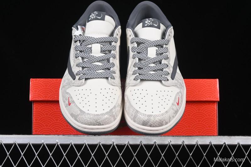 Nike Travis Scott x Fragment Design x Air Jordan 1 Low OG SP AJ1 Snake Year Limited Grey Snake Scale with Grey Swoosh Low-top Casual Sneakers - XS3086-009