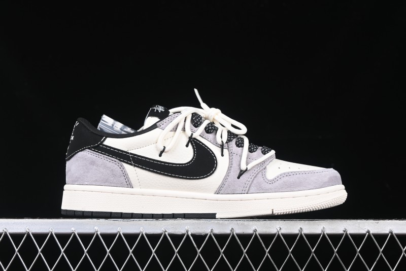 Nike Travis Scott x Fragment Design x Air Jordan 1 Low OG SP AJ1 Stussy Collaboration - Black Hook Dual-Tone Drawstring Low-Top Casual Sneakers - SJ0086-139