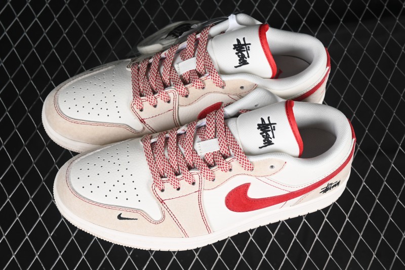 Nike Air Jordan 1 Low Stussy Collaboration Khaki Red Hook Retro Basketball Shoes - SJ9950-040