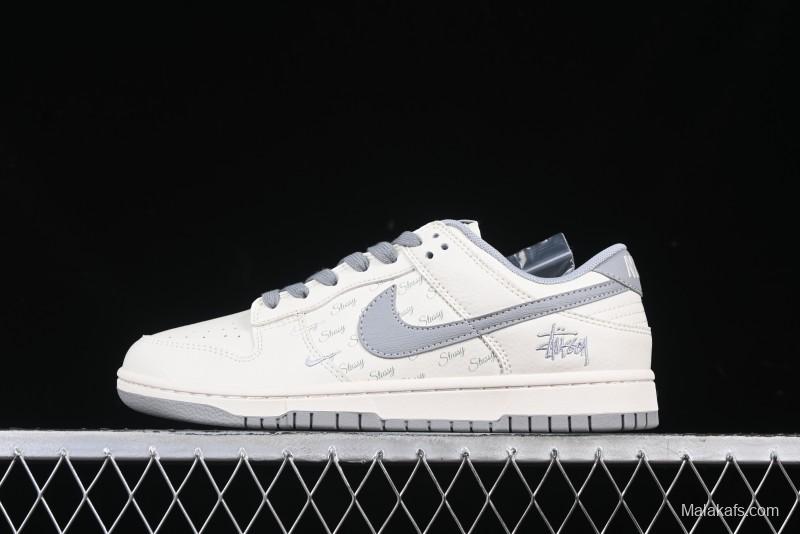Nike SB Dunk Low Stussy Collaboration Light Grey Brushed Swoosh Anniversary Custom Low-Top Casual Sneakers - XX2025-608