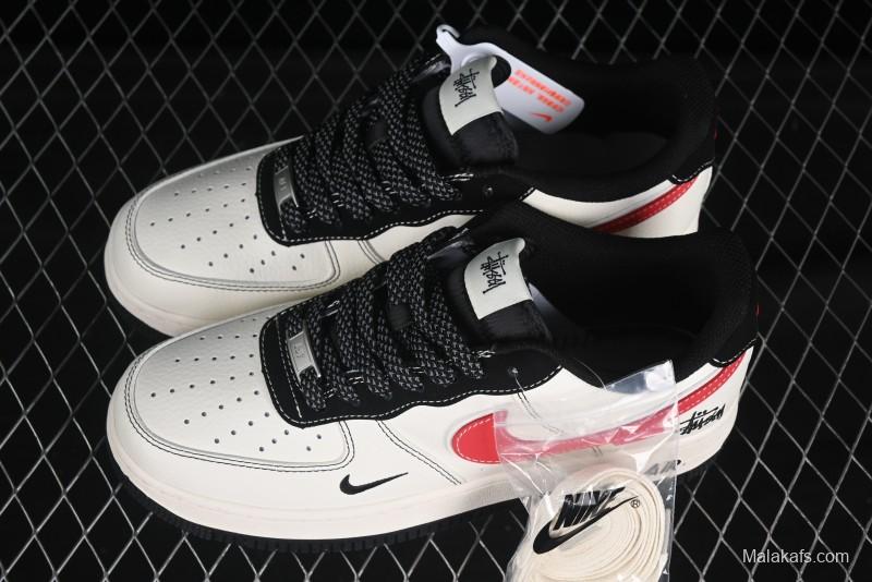 Nike Air Force 1 '07 Low Stussy Collaboration Black Stitch Red Swoosh Casual Sneakers - XS1958-518
