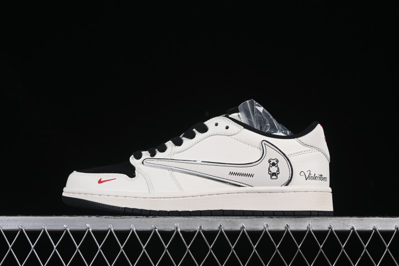 Nike Travis Scott x Fragment Design x Air Jordan 1 Low OG SP Cartoon Beige Black Low-top Casual Sneakers - XS7089-526