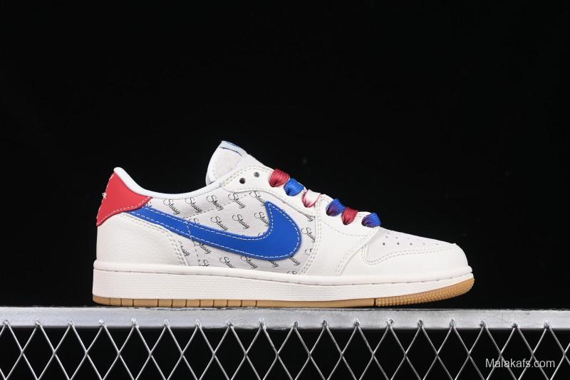 Nike Travis Scott x Fragment Design x Air Jordan 1 Low OG SP AJ1 Snake Year Limited Blue Swoosh Gum Sole Low-top Casual Sneakers - XS3086-011