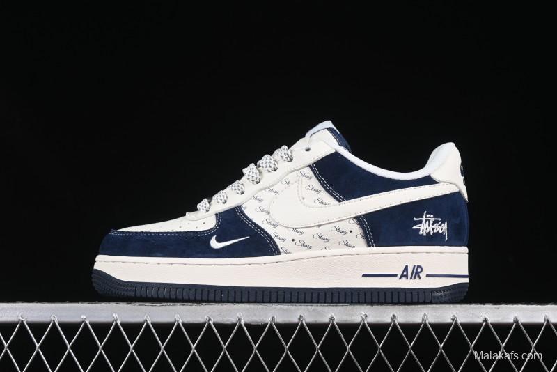 Nike Air Force 1 '07 Low Stussy Collaboration Dark Blue Suede White Swoosh Low-Top Casual Sneakers - XZ6188-673