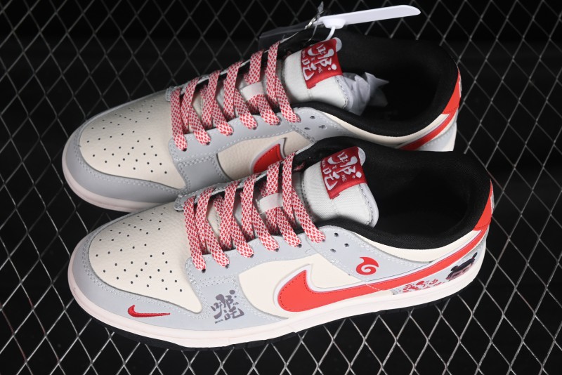 Nike SB Dunk Low Nezha Series Gray White Red Swoosh Anniversary Custom Low-Top Casual Skate Shoes - LW1818-113