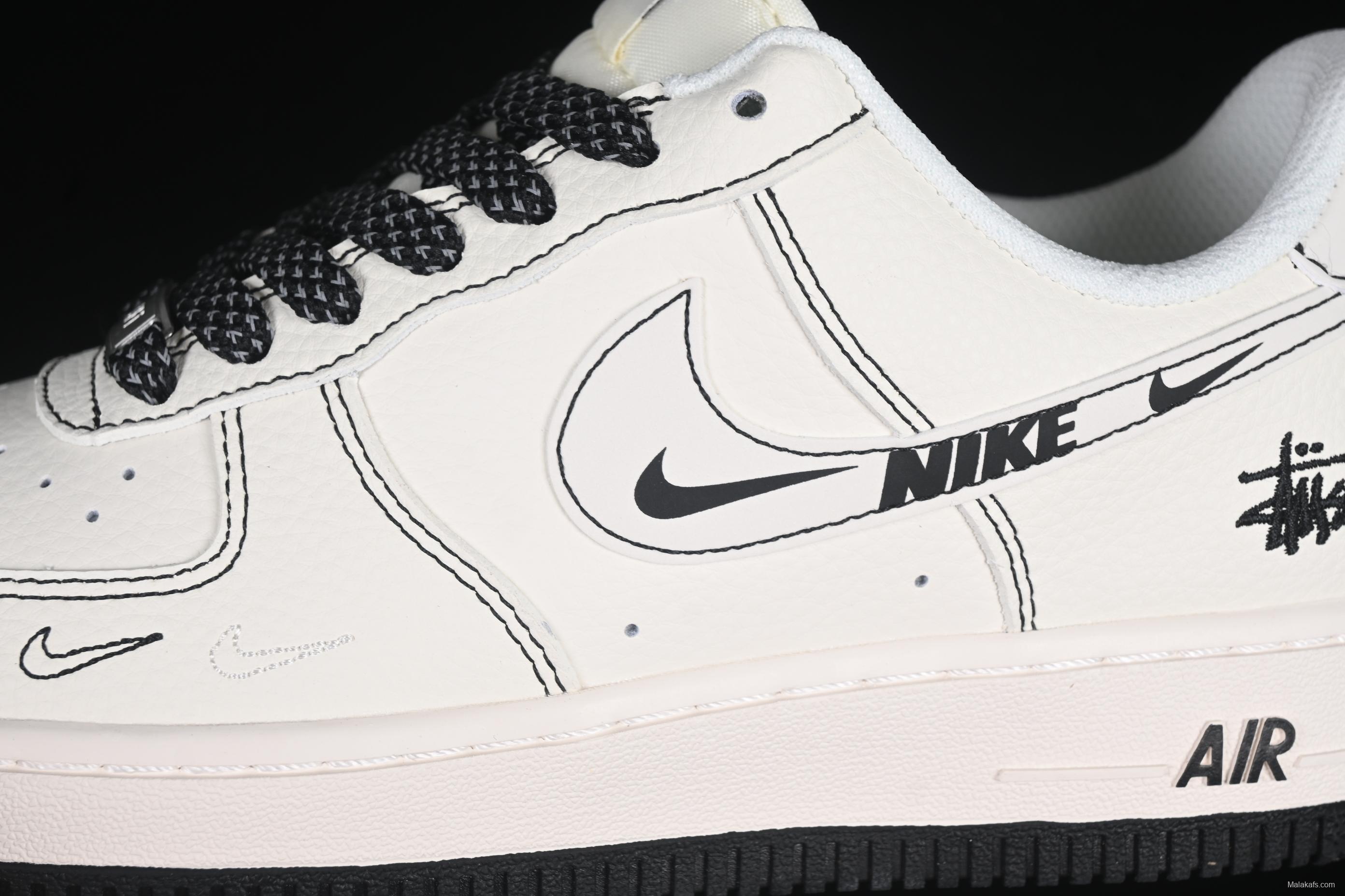 Nike Air Force 1 '07 Low Stussy Collaboration Black Swoosh Casual Sneakers - HH7518-062