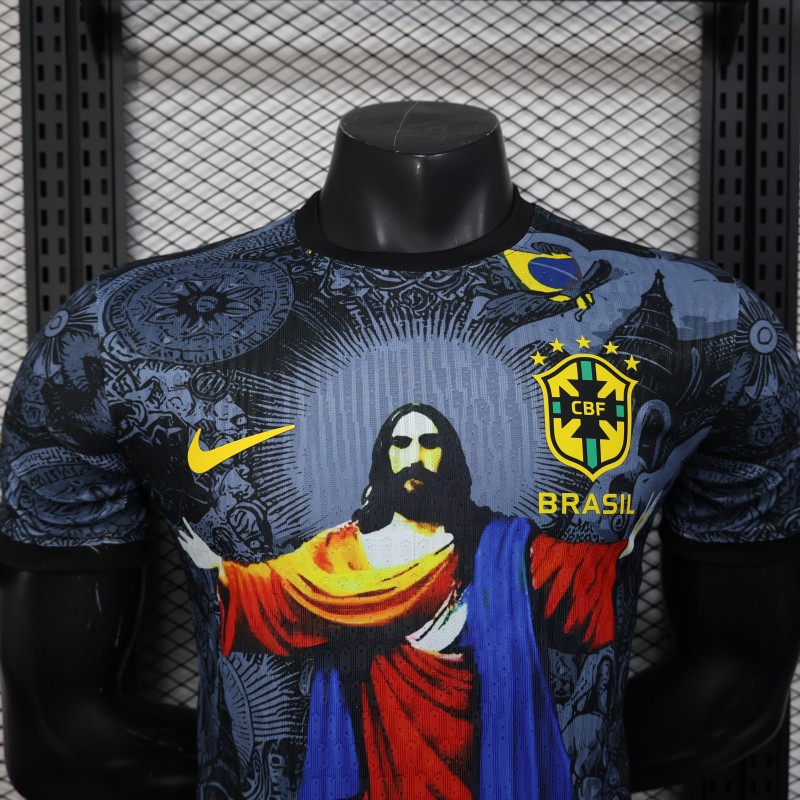 2025 Brazil National Team Special Edition Religious Concept Jersey - Christ the Redeemer Design - Dark Blue