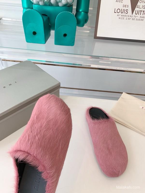 2024 Women Marni Pink Horsehair Slippers MJ00320