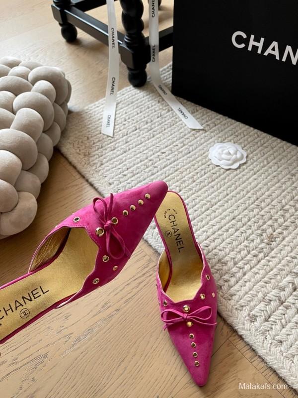 2025 Women Chanel Pink Suede Slip-on Mules KFY00290