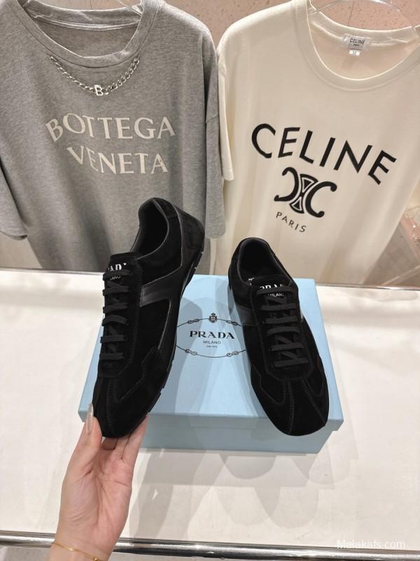 2025 Unisex Prada Black Suede Leather Casual Shoes KFY00300