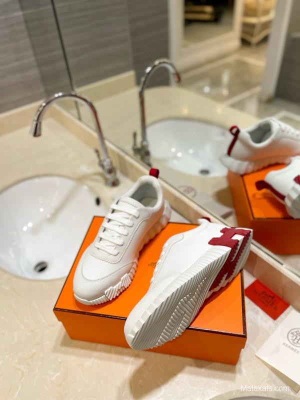 2024 Unisex Hermès White Red Silk Sheepskin Sneakers MJ00320