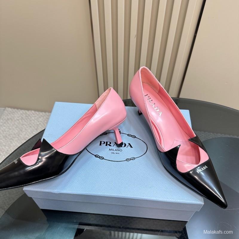 2025 Women Prada Pink Black Leather Pointed Toe Low Heel KFY00310
