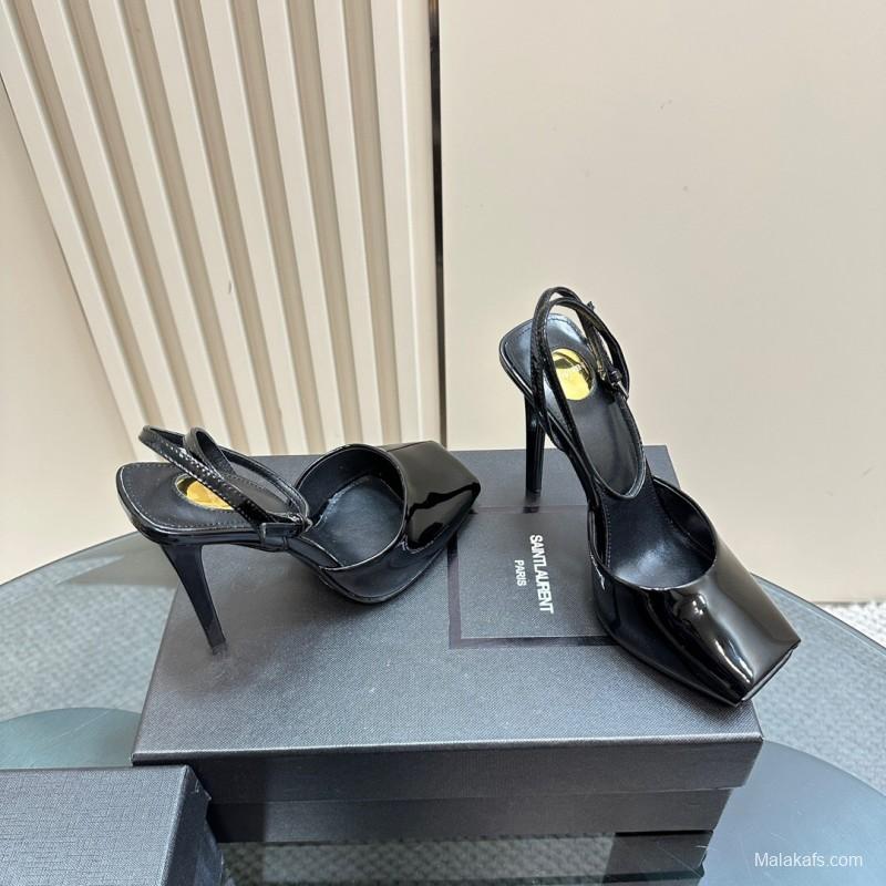 2025 Women Yves Saint Laurent Black Patent Leather High Heel Sandals