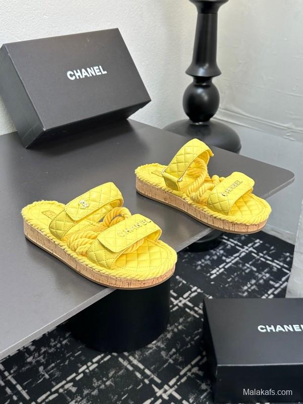 2025 CHANEL Yellow Quilted Fabric Slippers