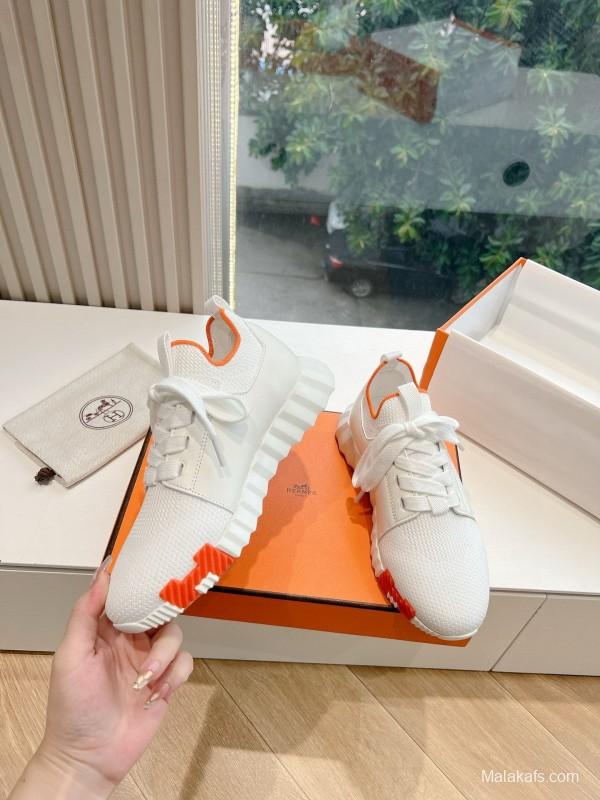 2024 Unisex Hermès white orange knit leather sneakers