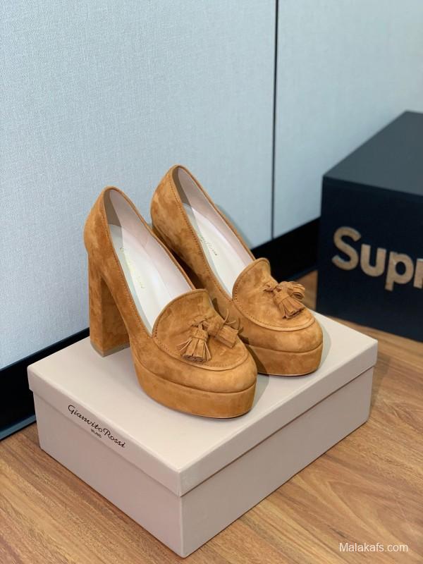 2025 Women Gianvito Rossi Brown Suede Platform Tassel Loafer