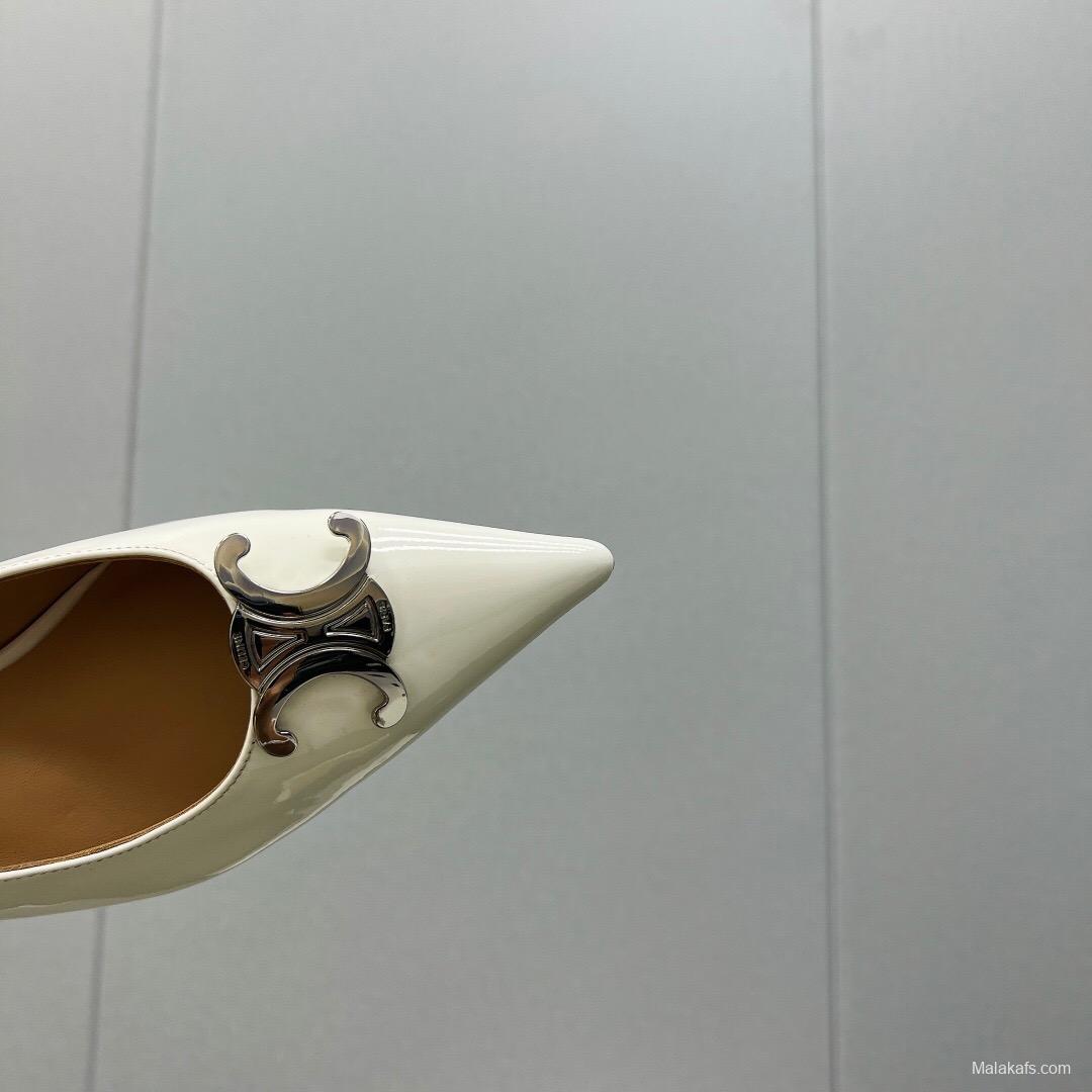 2025 Women Celine White Leather Pointed Toe Kitten Heel KFY00290