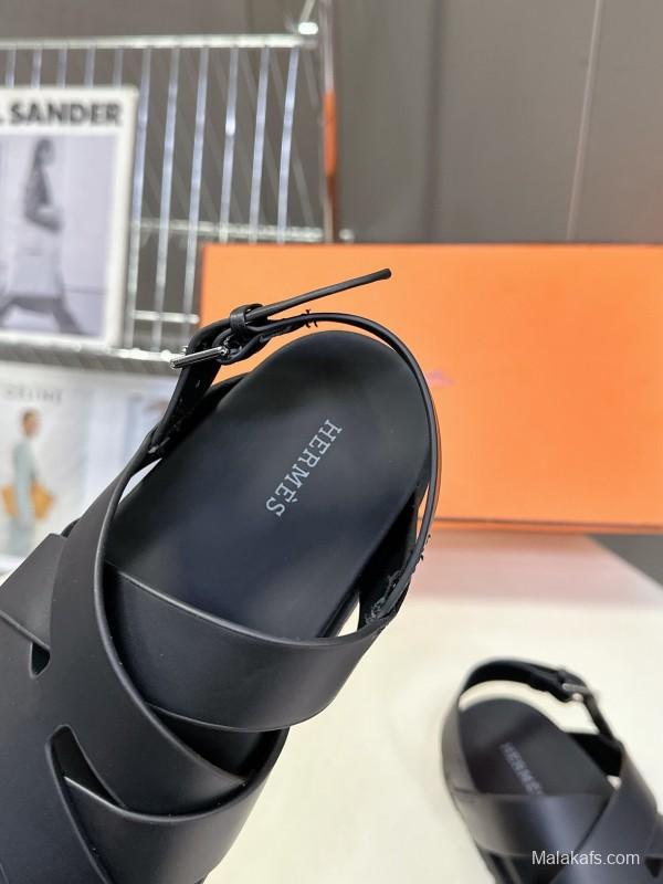 2025 Women Hermès Black Leather Sandals