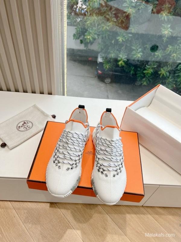 2024 Unisex Hermès White Black Orange Knit Sneakers
