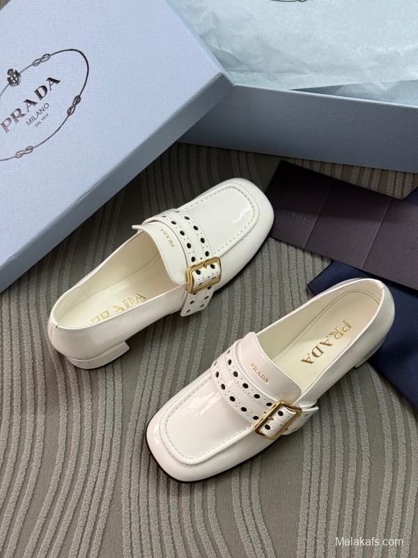 2025 Women Prada White Leather Loafers KFY00320