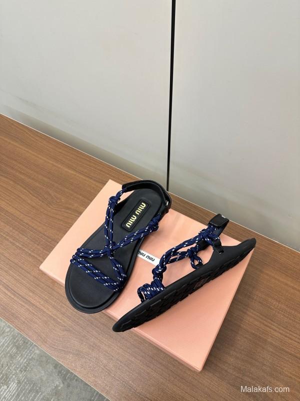 2025 Women Miu Miu Blue Black Leather Rope Sandals