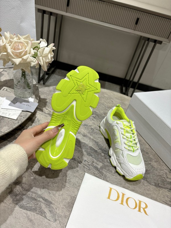 2025 Women Dior White Neon Yellow Mesh Leather Sneakers KFY00370