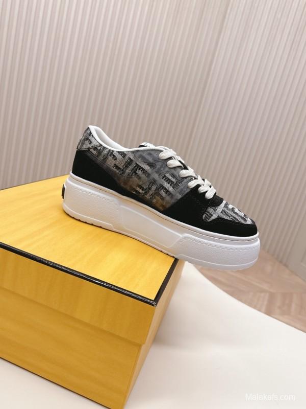 2025 Women Fendi Black Grey Leather Suede Sneakers LY00340