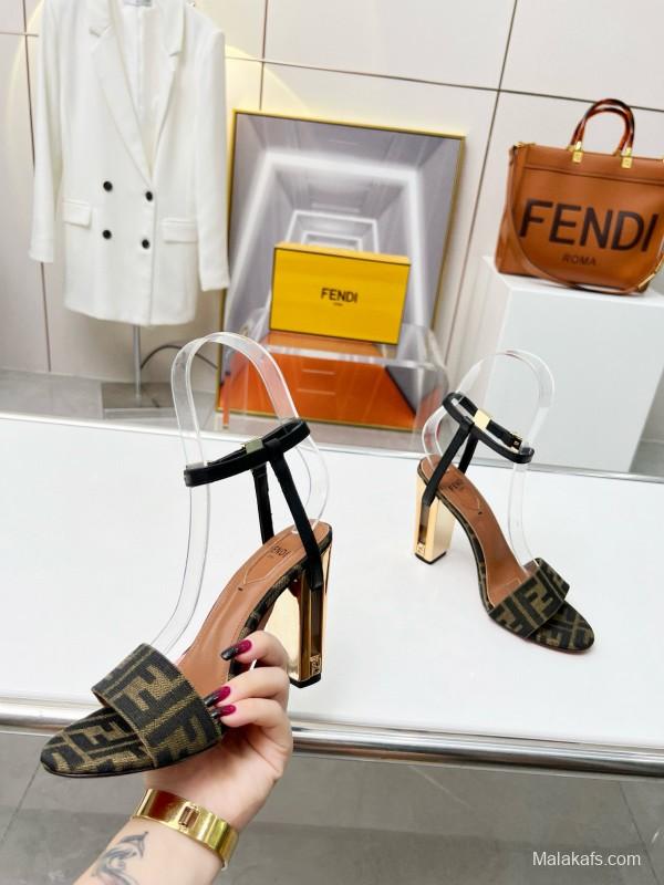 2025 Women Fendi Brown Black Leather Fabric High Heel Sandals