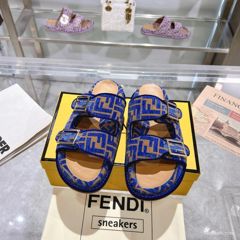 2025 Slippers Fendi Blue Brown Jacquard Buckle KFY00250