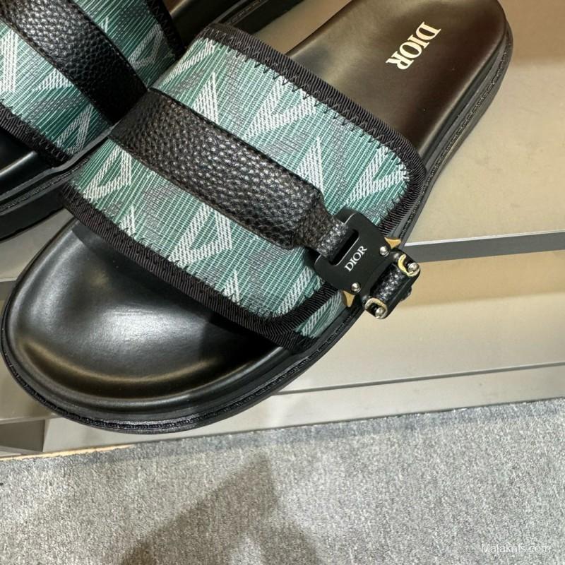 2024 Slippers Dior Green Black Leather Fabric Slippers