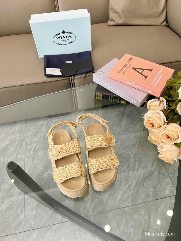 2025 Women Prada Beige Braided Leather Platform Sandals LY00300
