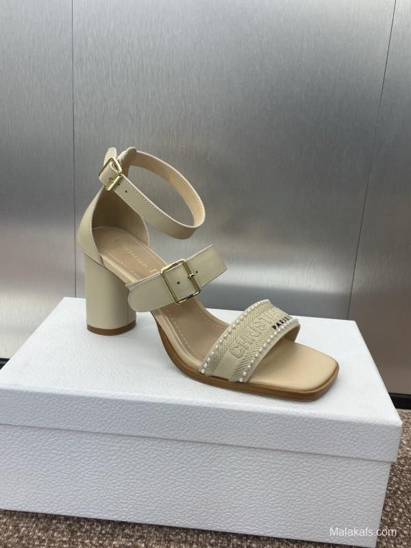 2025 Women Dior Beige Leather Sandals Ankle Strap KFY00320