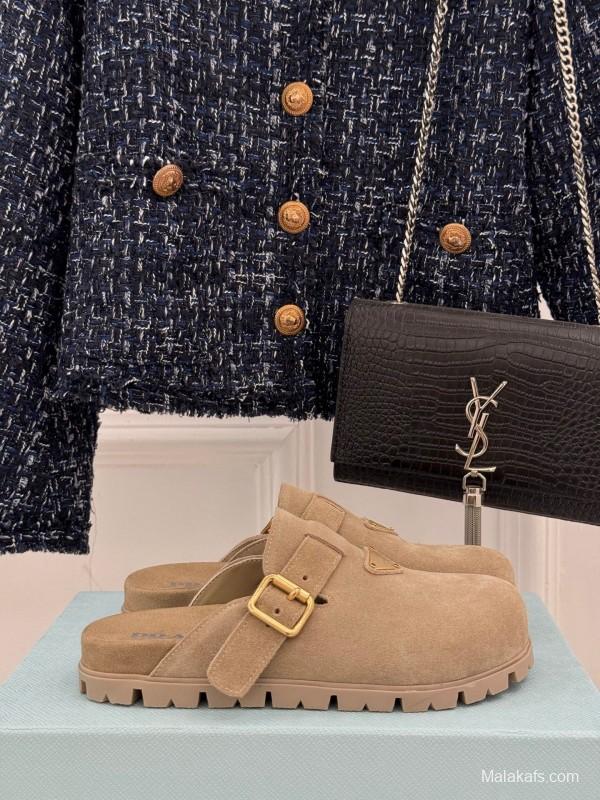 2025 Women Prada Beige Suede Clogs Buckle KFY00280