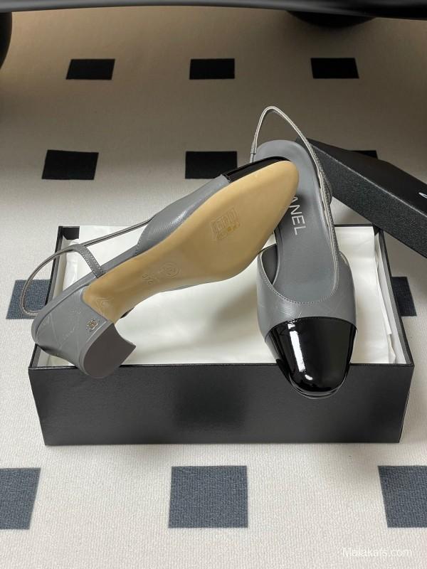 2025 Women Chanel Grey Black Leather Sling-back Heel