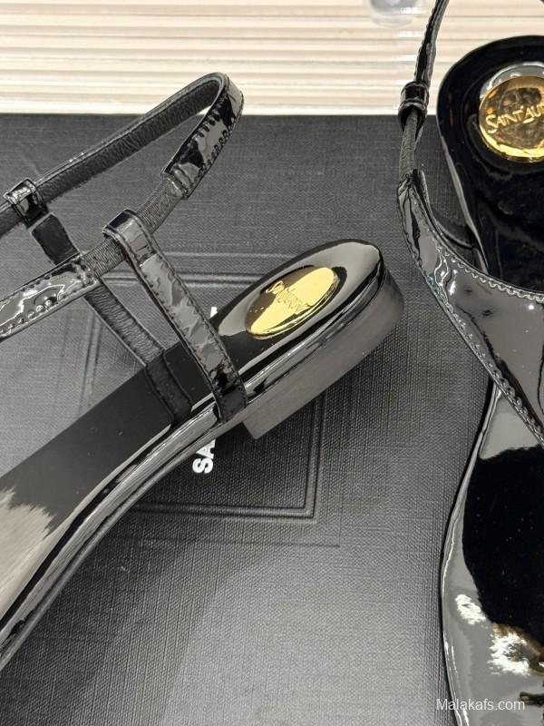 2025 Women Yves Saint Laurent Black Patent Leather Thong Sandals