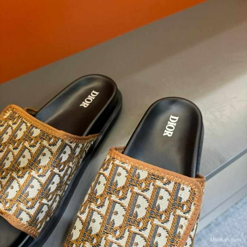2024 Slippers Dior brown beige jacquard leather Slippers MJ00180