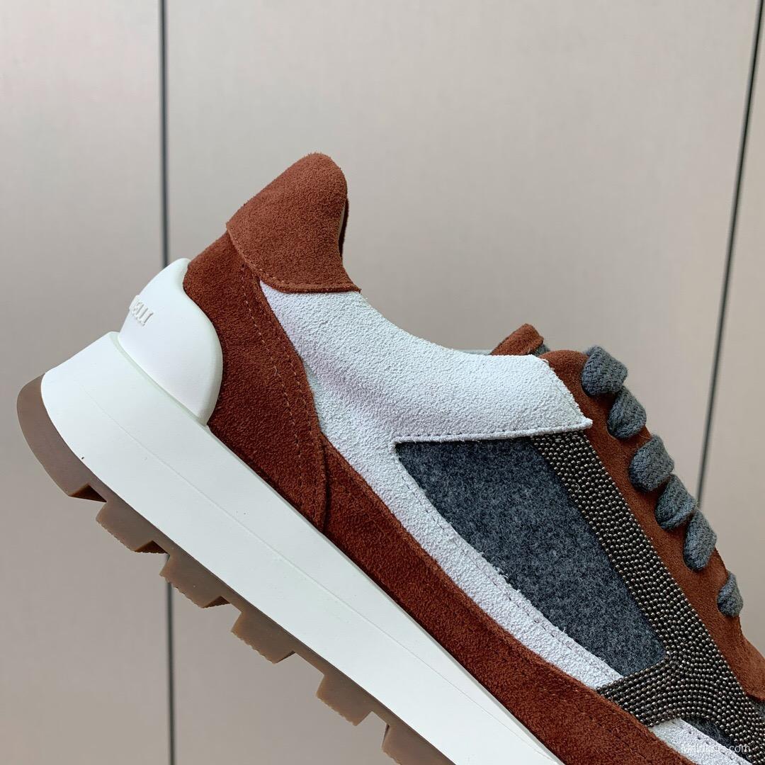2025 Unisex Brunello Cucinelli Grey Brown White Suede Fabric Sneakers LY