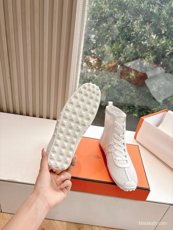 2025 Women Hermès White Leather Mesh Ankle Boots