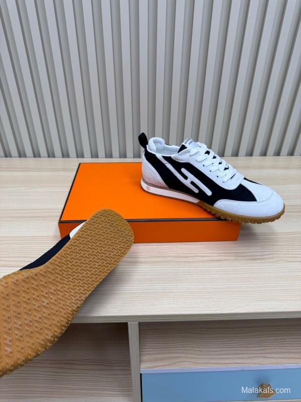 2025 Unisex Hermès White Black Suede Goat Leather Sneakers Top Version KFY00300