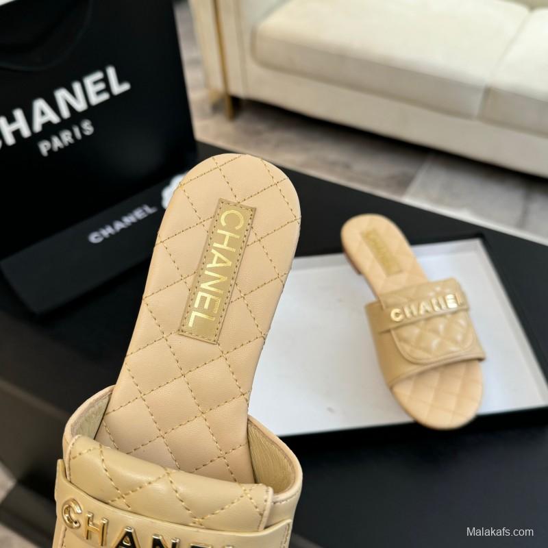 2025 Women Chanel Beige Leather Slippers