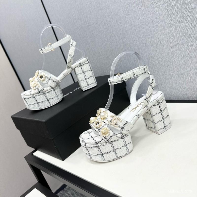 2025 Women Chanel White Black Tweed Platform Sandals